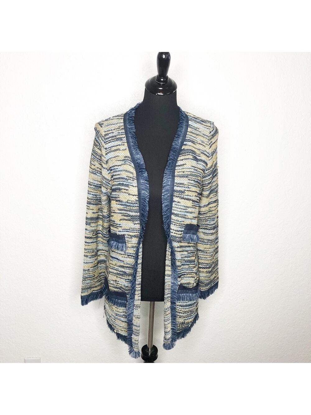 AMS Pure blue gold knit fringe leather trim jacket size 12